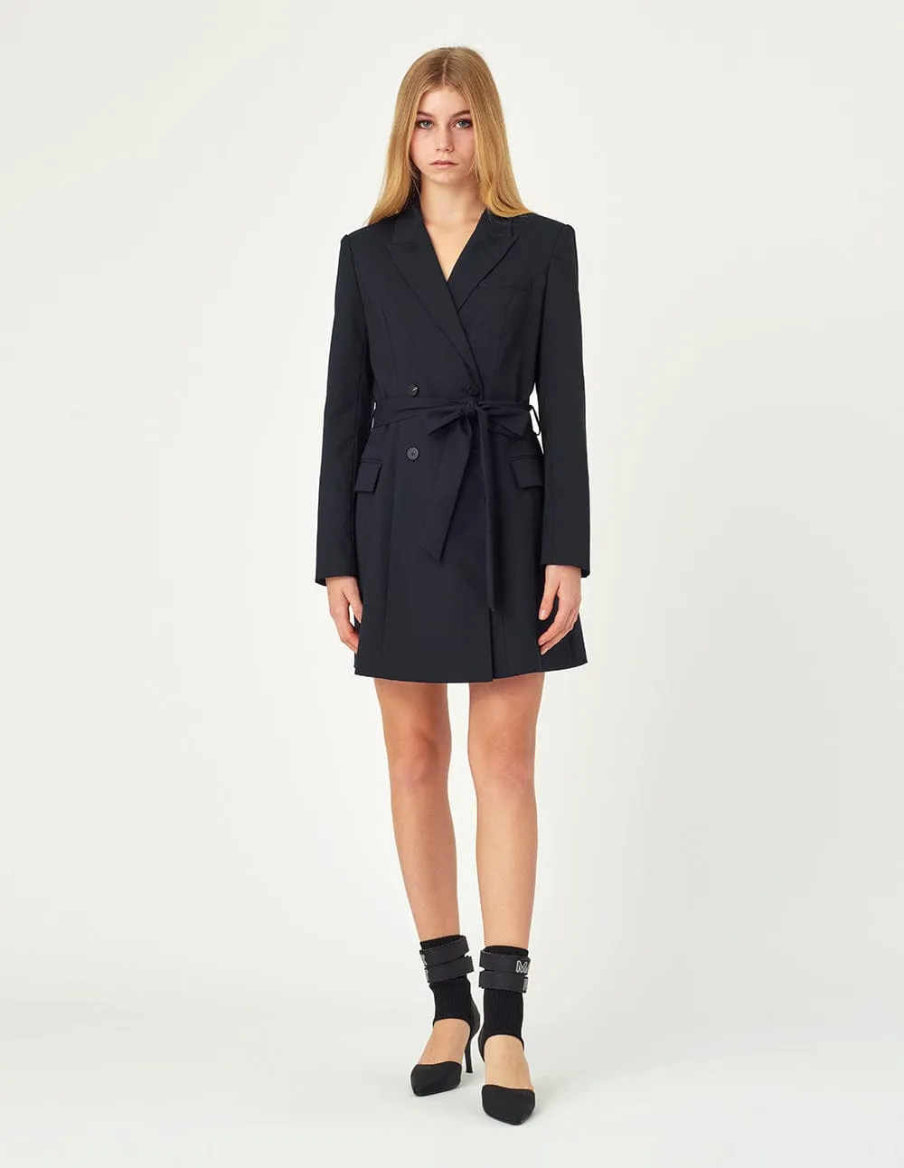 Grant Blue Double-Breasted Belted Suit Dress