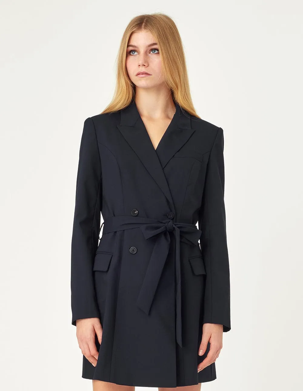 Grant Blue Double-Breasted Belted Suit Dress