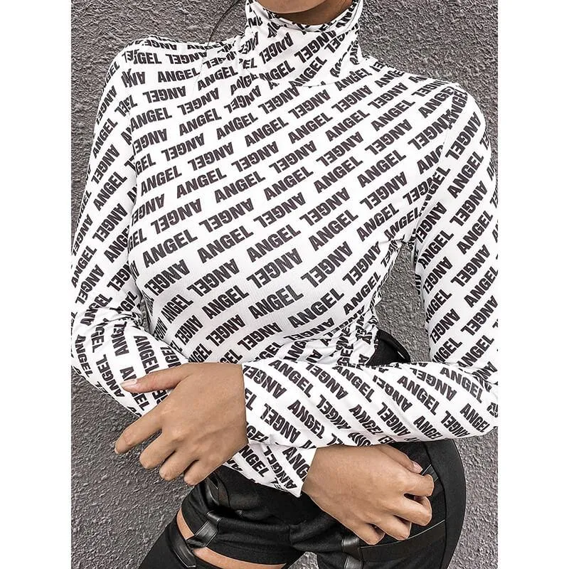 High Neck Letter Slim T-shirt