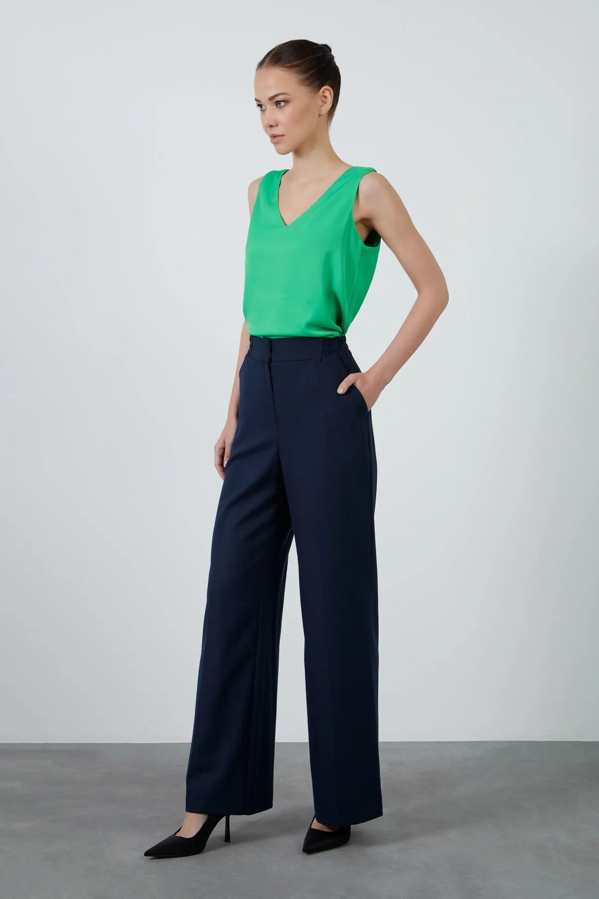 High Waist Elasticated Comfortable Cut Navy Blue Palazzo Trousers