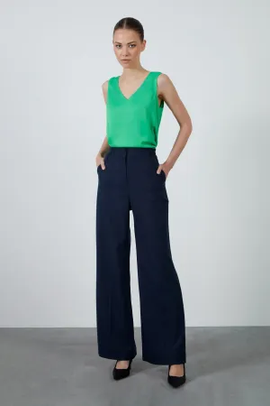 High Waist Elasticated Comfortable Cut Navy Blue Palazzo Trousers