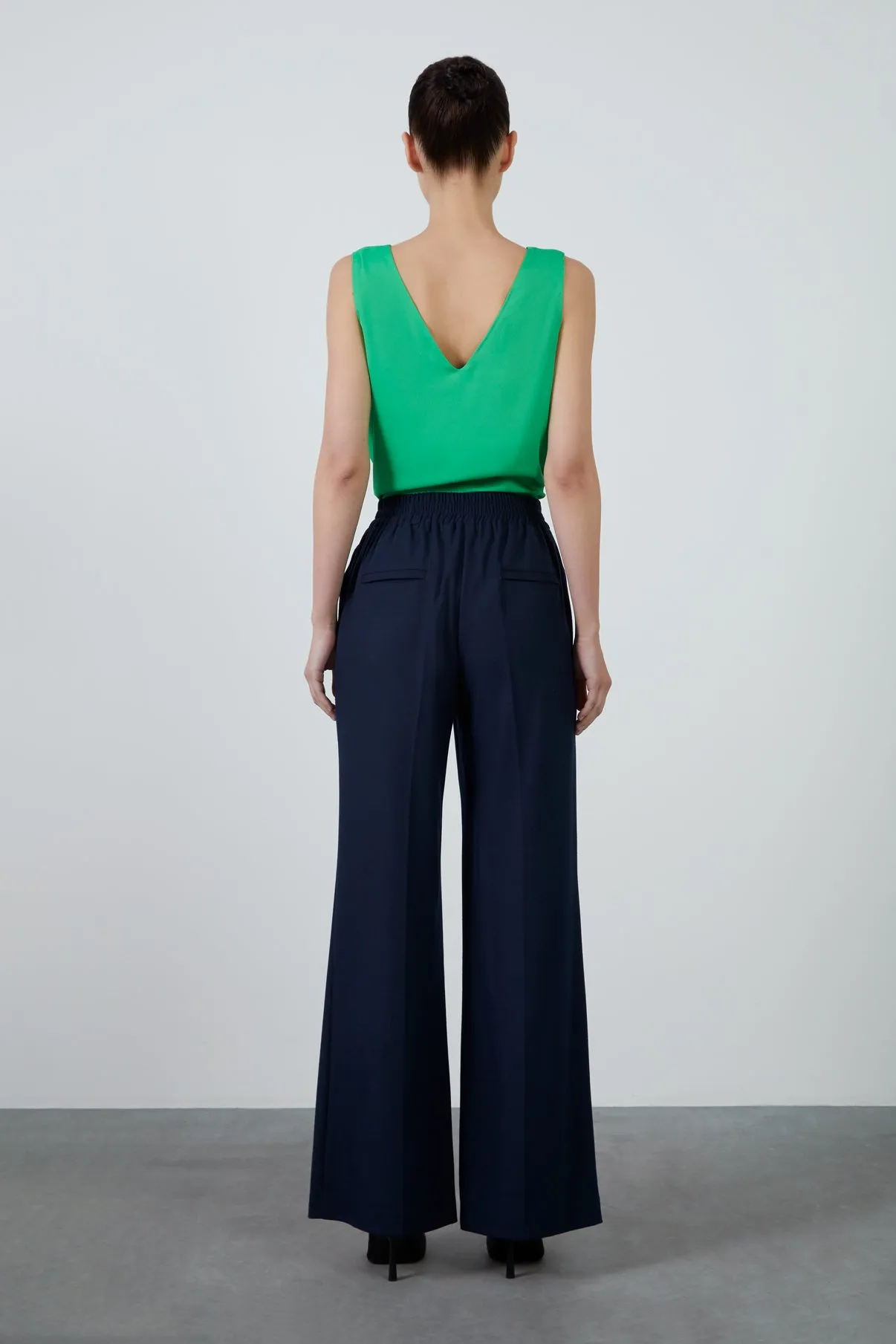 High Waist Elasticated Comfortable Cut Navy Blue Palazzo Trousers