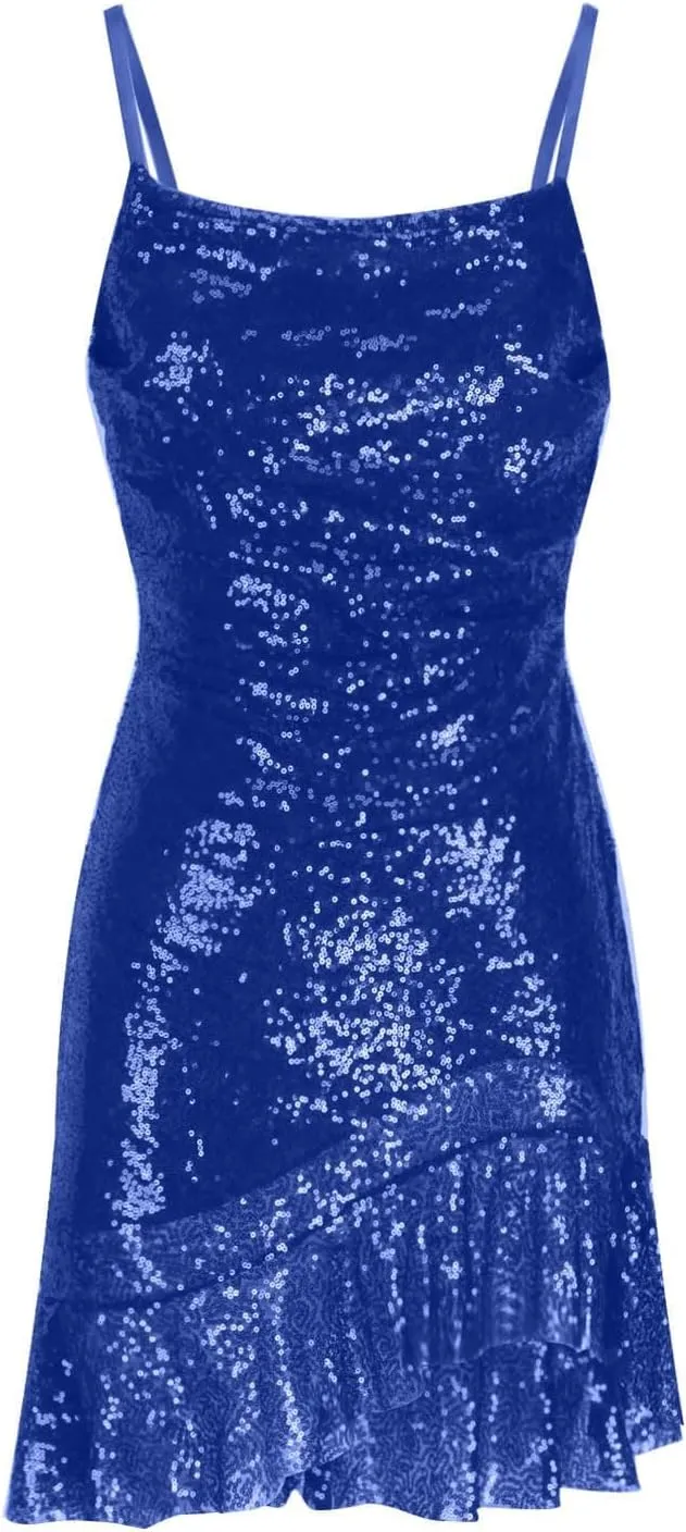 Homecoming Dress for Teens 2025 Spaghetti Straps Mini Dress Glitter Irregular Ruffle Hem Cocktail Party Dresses