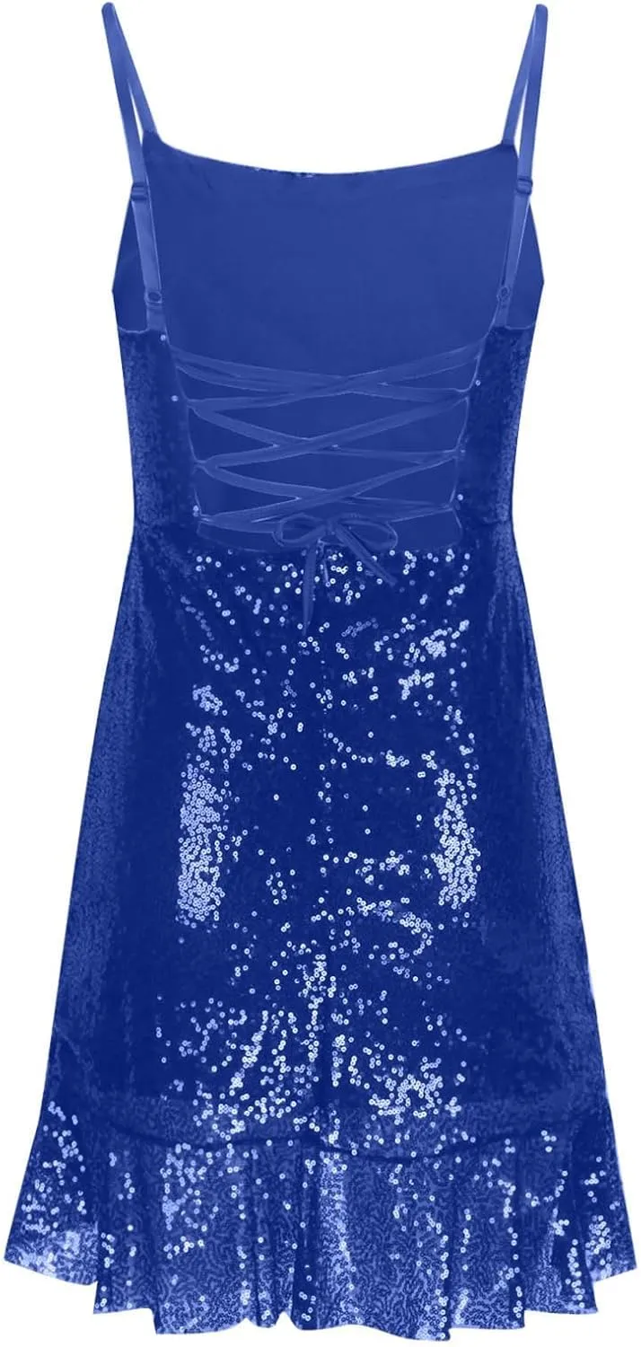 Homecoming Dress for Teens 2025 Spaghetti Straps Mini Dress Glitter Irregular Ruffle Hem Cocktail Party Dresses