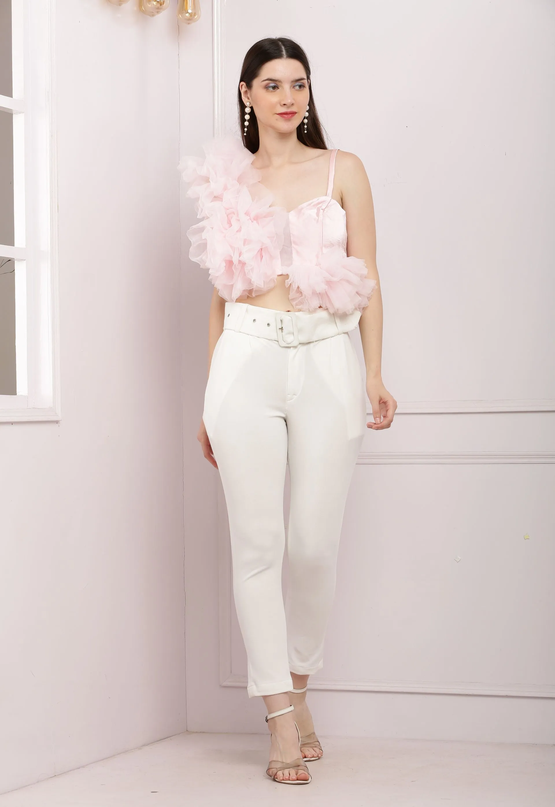 Hot Crop Ruffled Tulle Top- Baby Pink