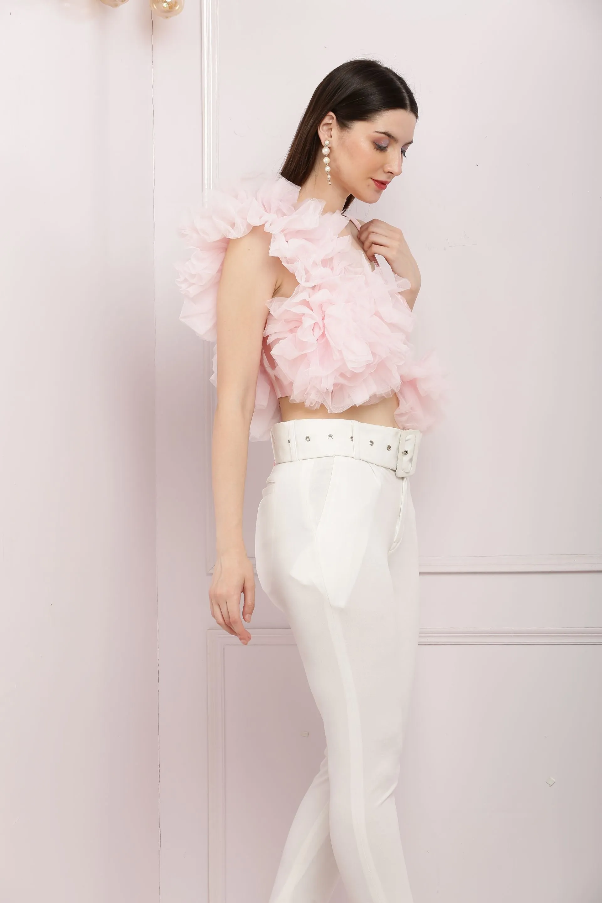 Hot Crop Ruffled Tulle Top- Baby Pink