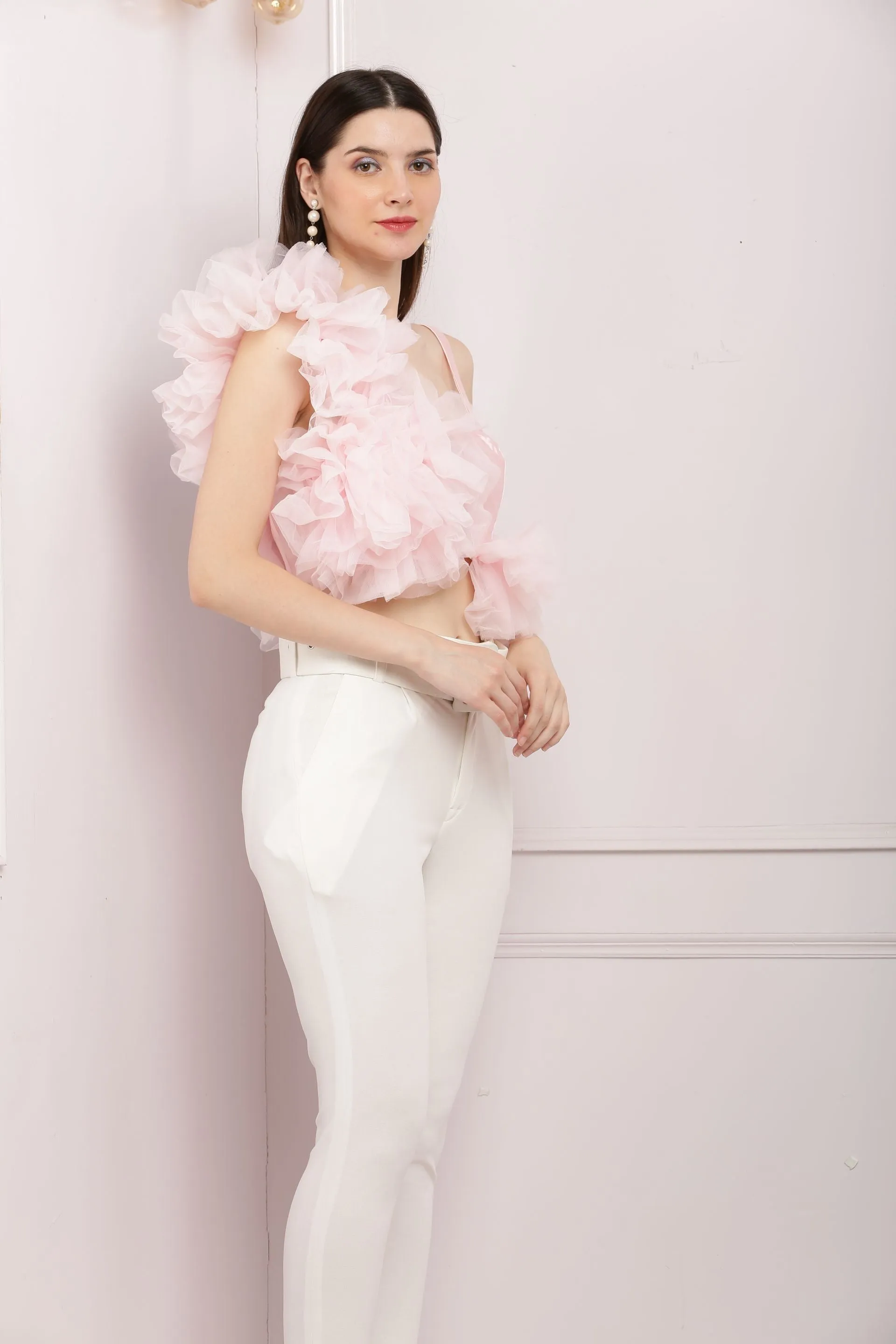 Hot Crop Ruffled Tulle Top- Baby Pink