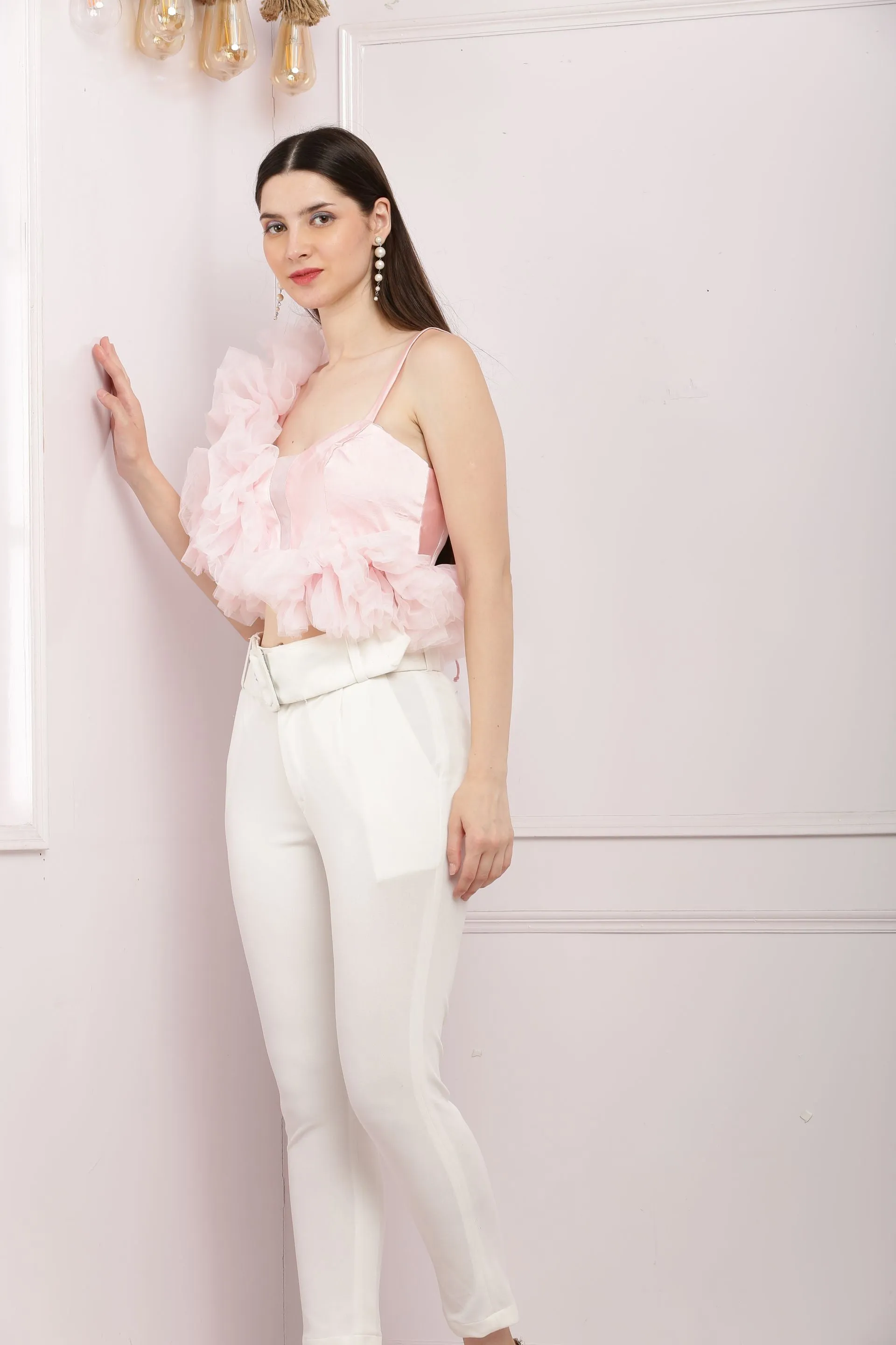 Hot Crop Ruffled Tulle Top- Baby Pink
