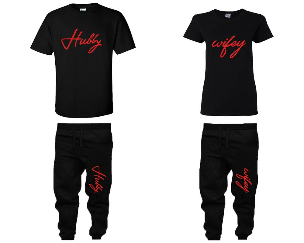 Hubby & WifeyCouple Matching T-Shirts & Jogger Pants – 4-Piece Set: Men’s and Women’s Styles Sold Separately in Red Design