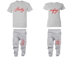 Hubby & WifeyCouple Matching T-Shirts & Jogger Pants – 4-Piece Set: Men’s and Women’s Styles Sold Separately in Red Design