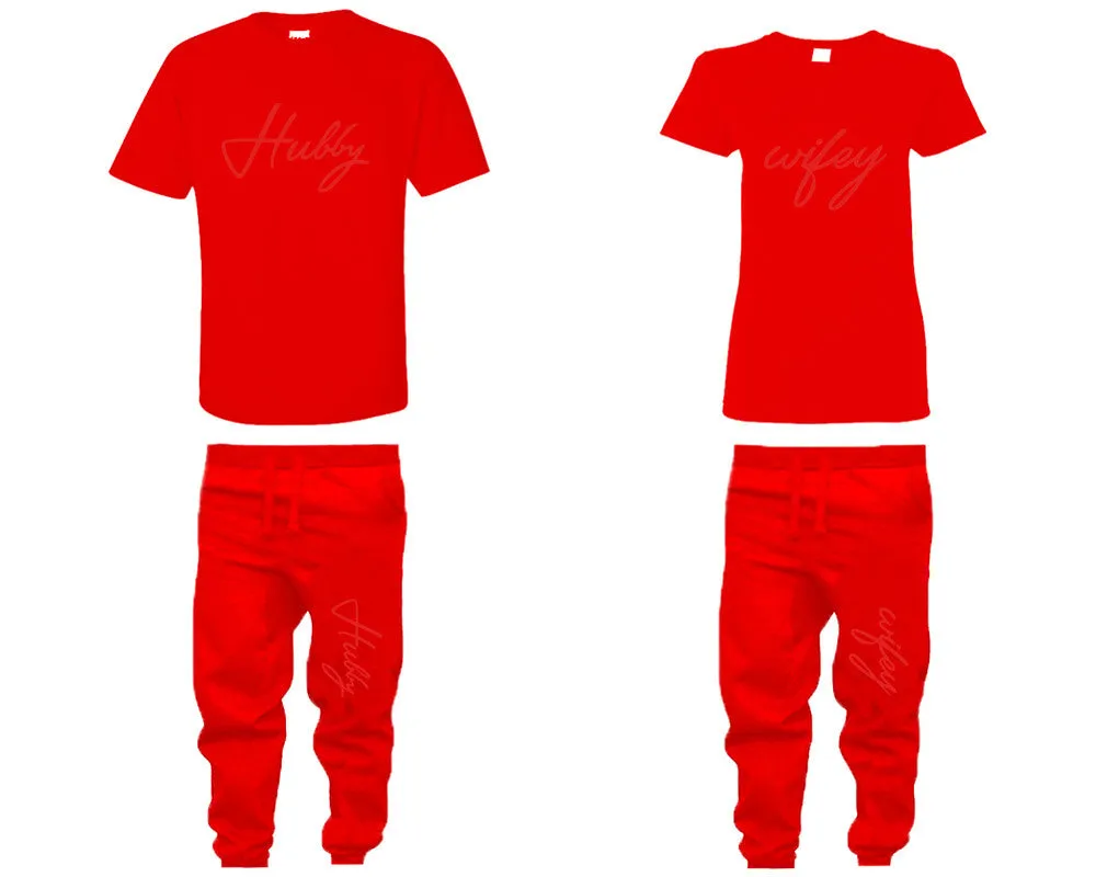 Hubby & WifeyCouple Matching T-Shirts & Jogger Pants – 4-Piece Set: Men’s and Women’s Styles Sold Separately in Red Design