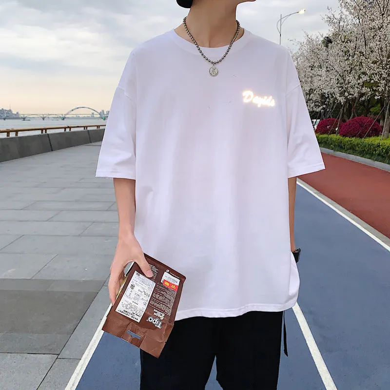 insShort Sleeve T-Shirt Loose Trendy Couple Mid-Length Student All-Matching Reflective Tops T-Shirt
