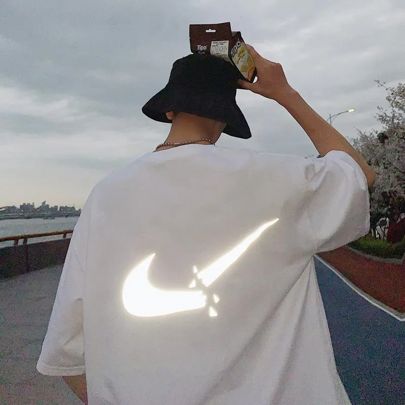 insShort Sleeve T-Shirt Loose Trendy Couple Mid-Length Student All-Matching Reflective Tops T-Shirt