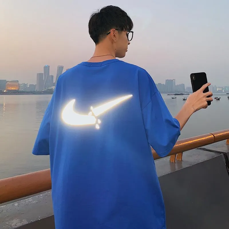 insShort Sleeve T-Shirt Loose Trendy Couple Mid-Length Student All-Matching Reflective Tops T-Shirt
