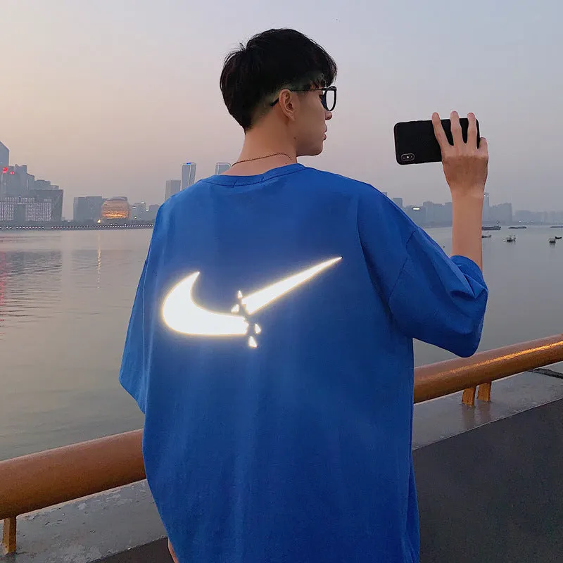 insShort Sleeve T-Shirt Loose Trendy Couple Mid-Length Student All-Matching Reflective Tops T-Shirt