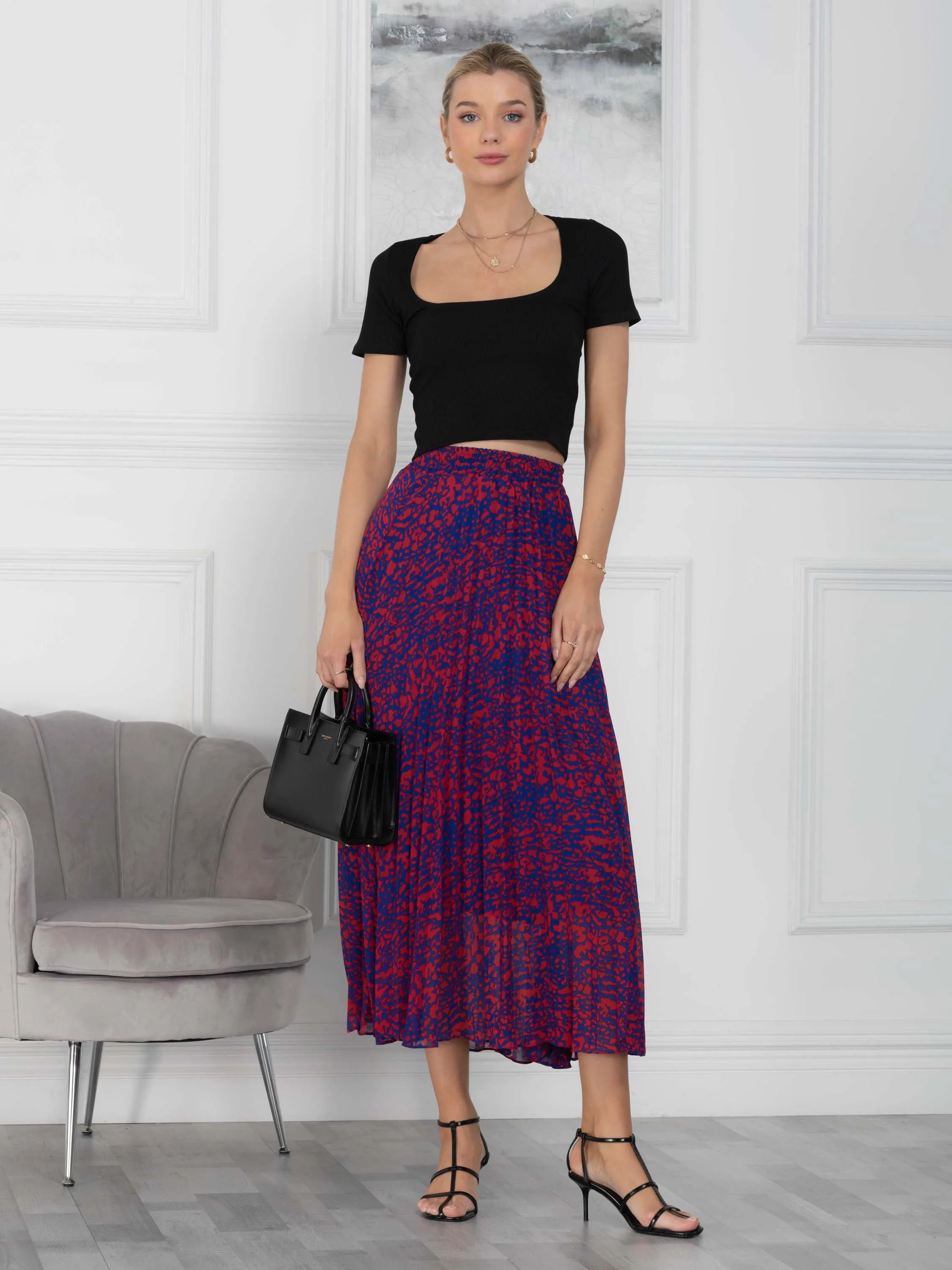 Jolie Moi Saige Animal Print Pleated Midi Skirt, Abstract Multi