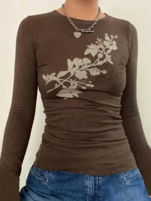 Joskaa-Vintage Flower Print Trumpet Sleeve Long Sleeve Tee