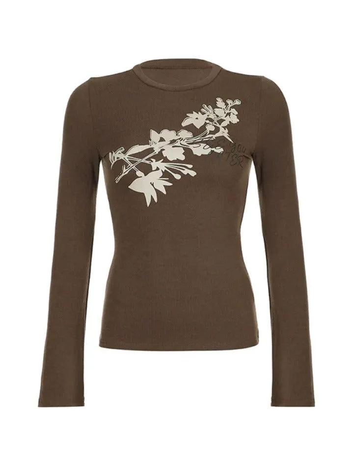 Joskaa-Vintage Flower Print Trumpet Sleeve Long Sleeve Tee