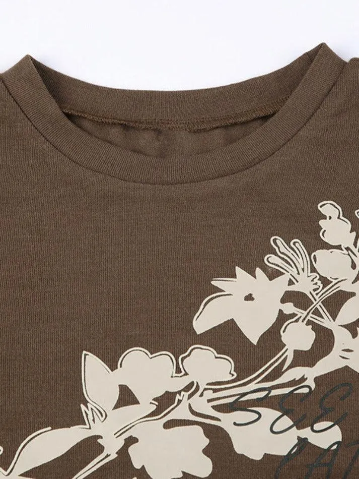 Joskaa-Vintage Flower Print Trumpet Sleeve Long Sleeve Tee