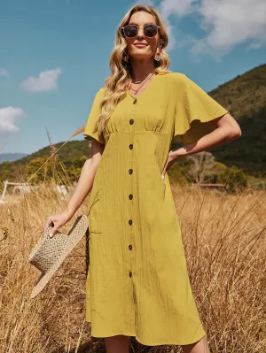 KittenAlarm - Fresh and Casual Lotus Leaf Sleeve Yellow Dress