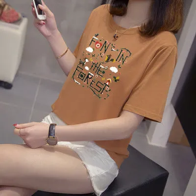 Korean Summer Printed Short Sleeve T-Shirt Women Trendy Loose Student Matching Tops T-Shirt