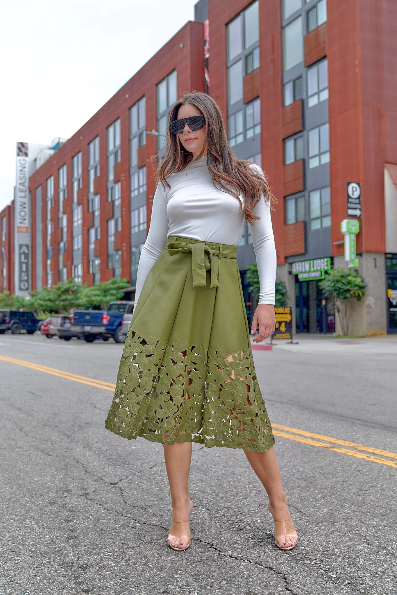 Laser Cut Leather Midi Skirt