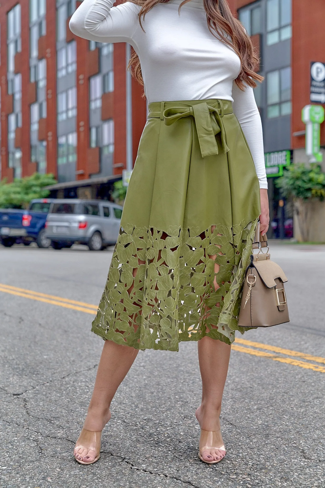 Laser Cut Leather Midi Skirt