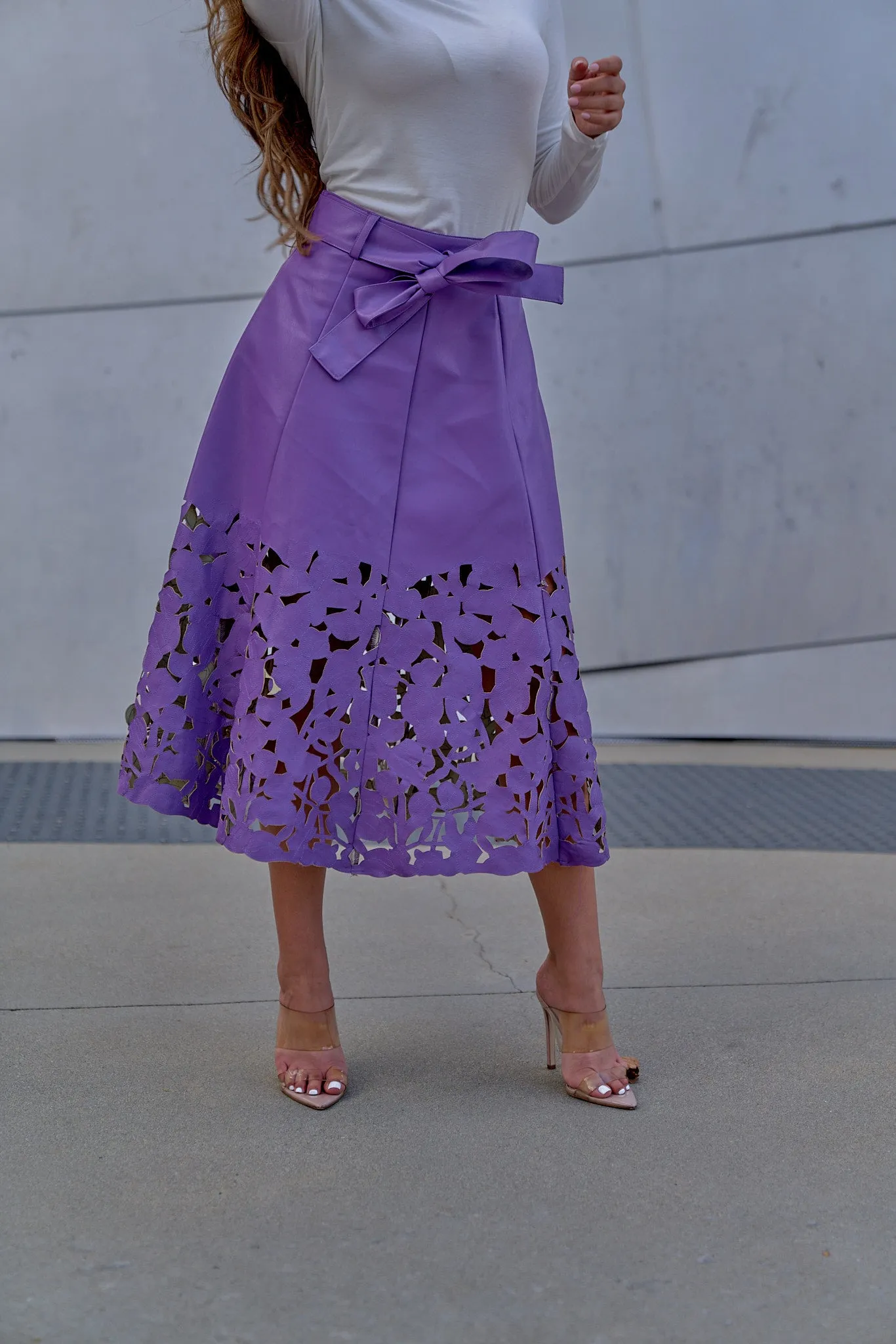 Laser Cut Leather Midi Skirt