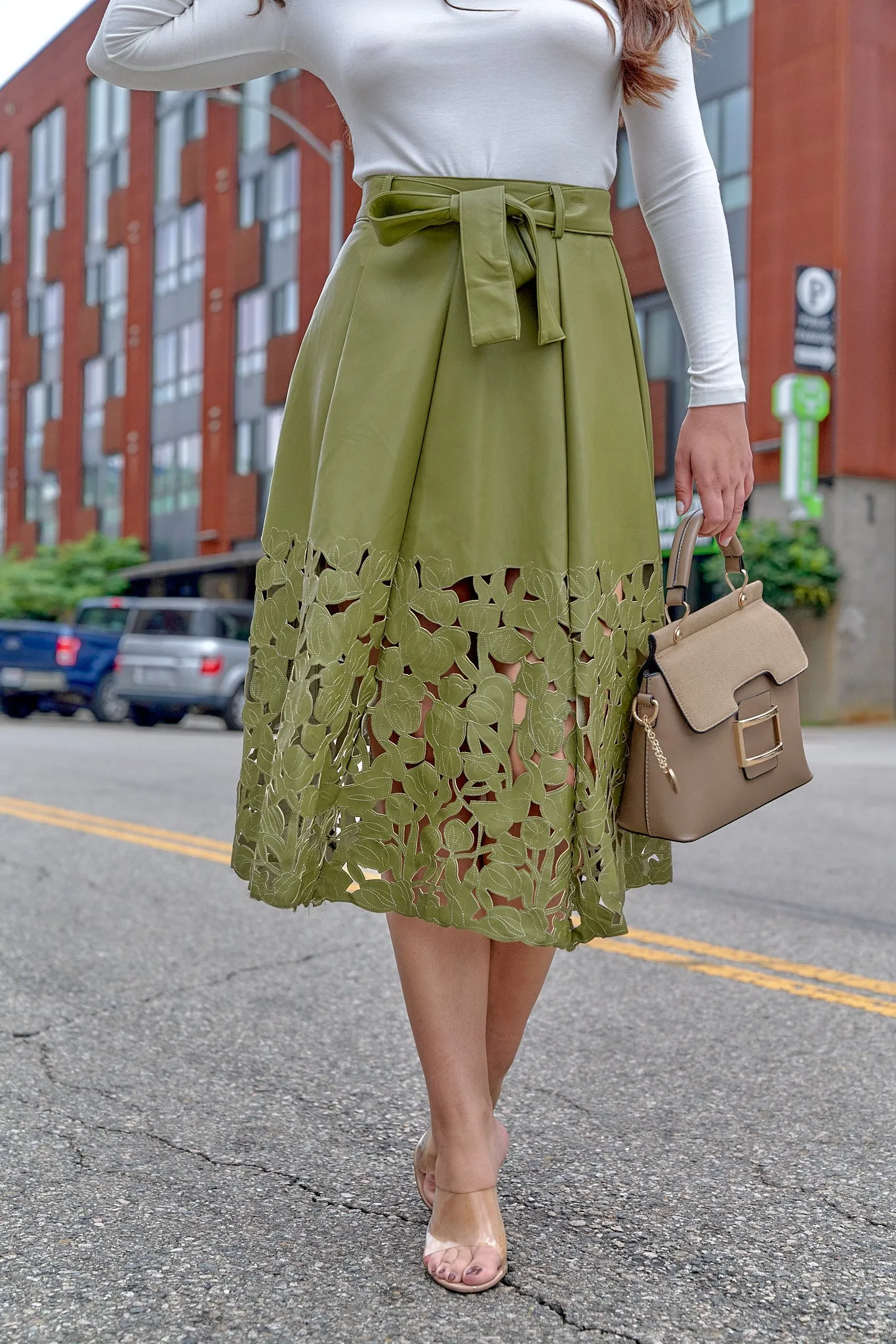Laser Cut Leather Midi Skirt