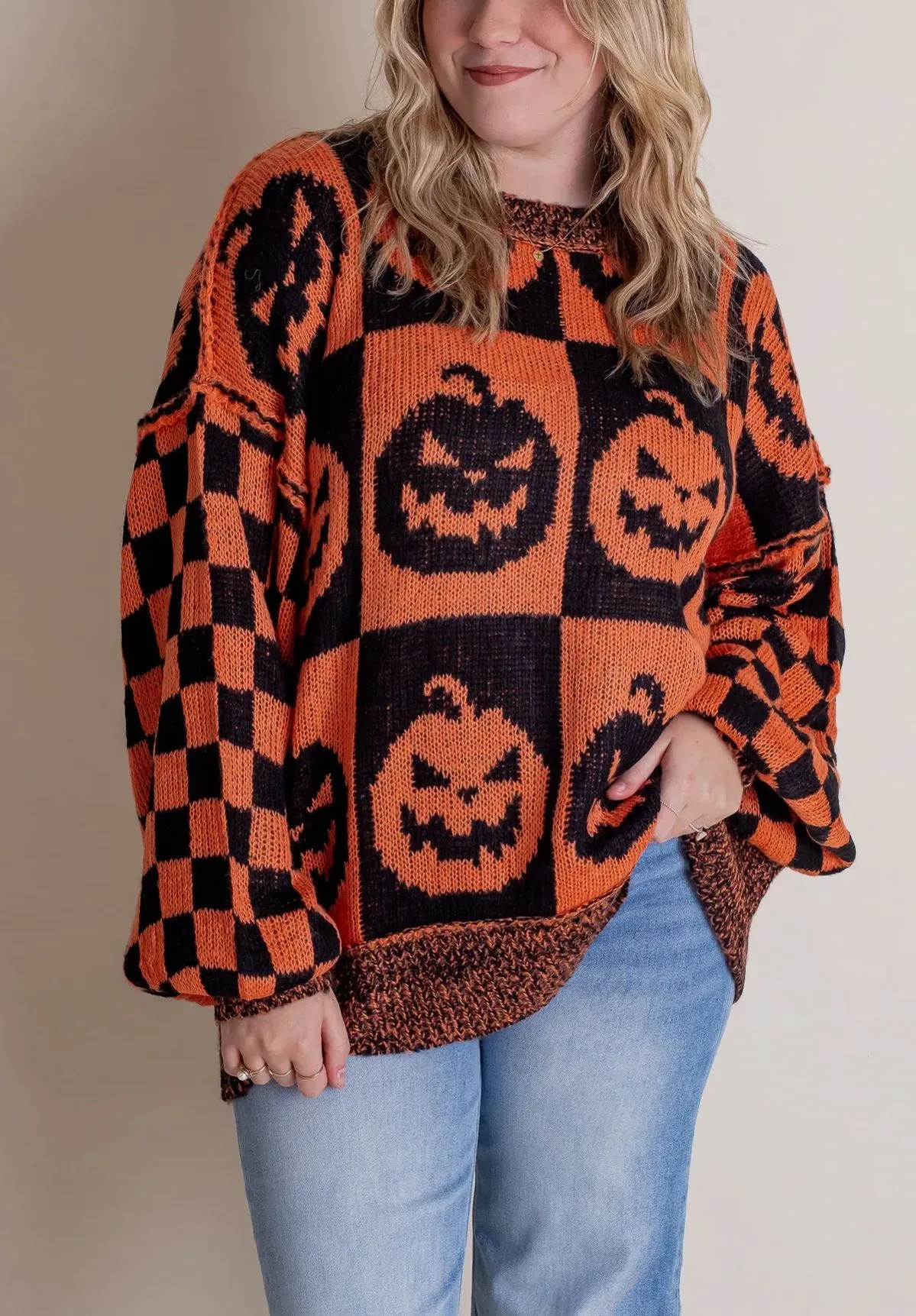 Long Sleeve Ghost Halloween Checkered Sweater
