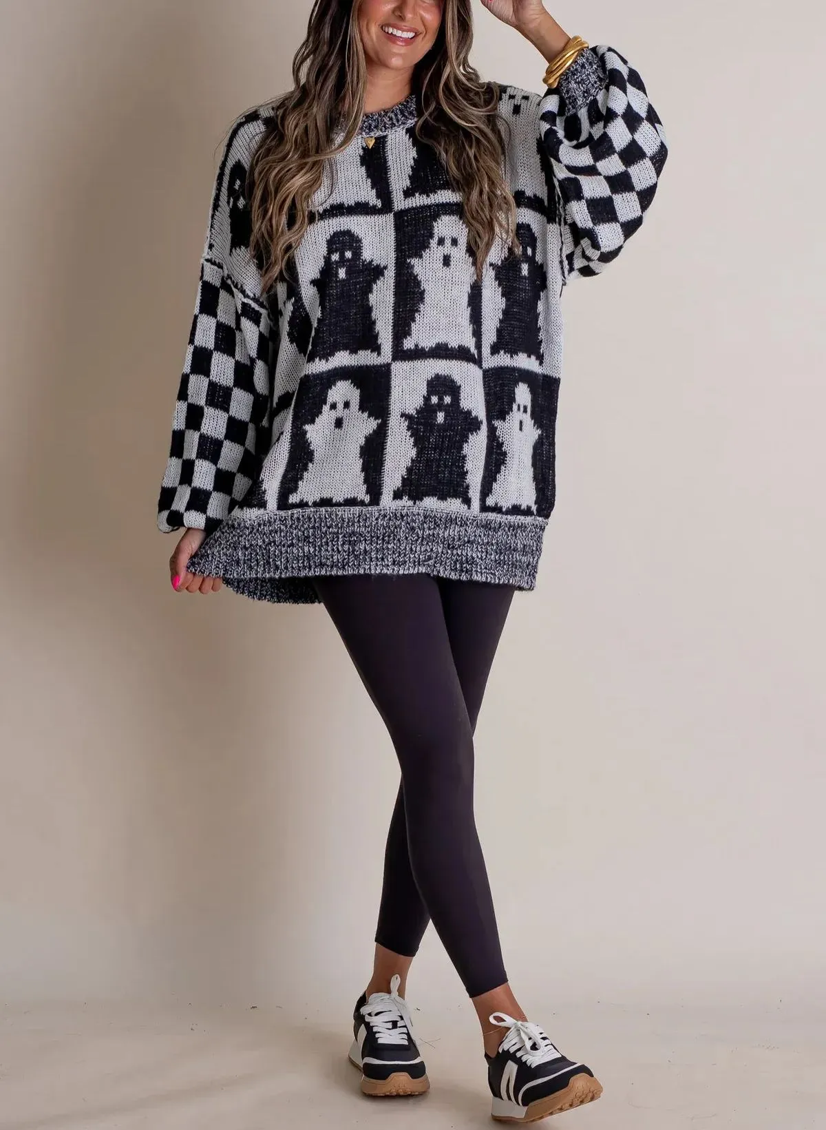 Long Sleeve Ghost Halloween Checkered Sweater
