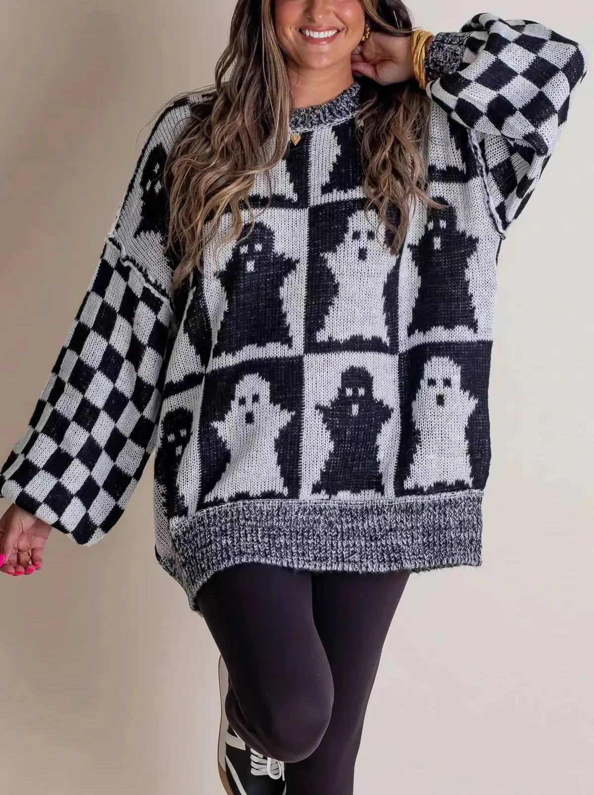 Long Sleeve Ghost Halloween Checkered Sweater