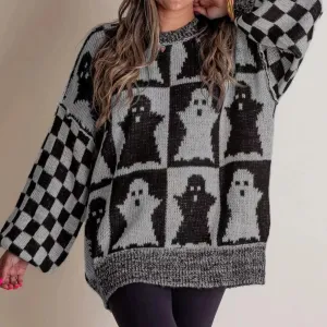 Long Sleeve Ghost Halloween Checkered Sweater