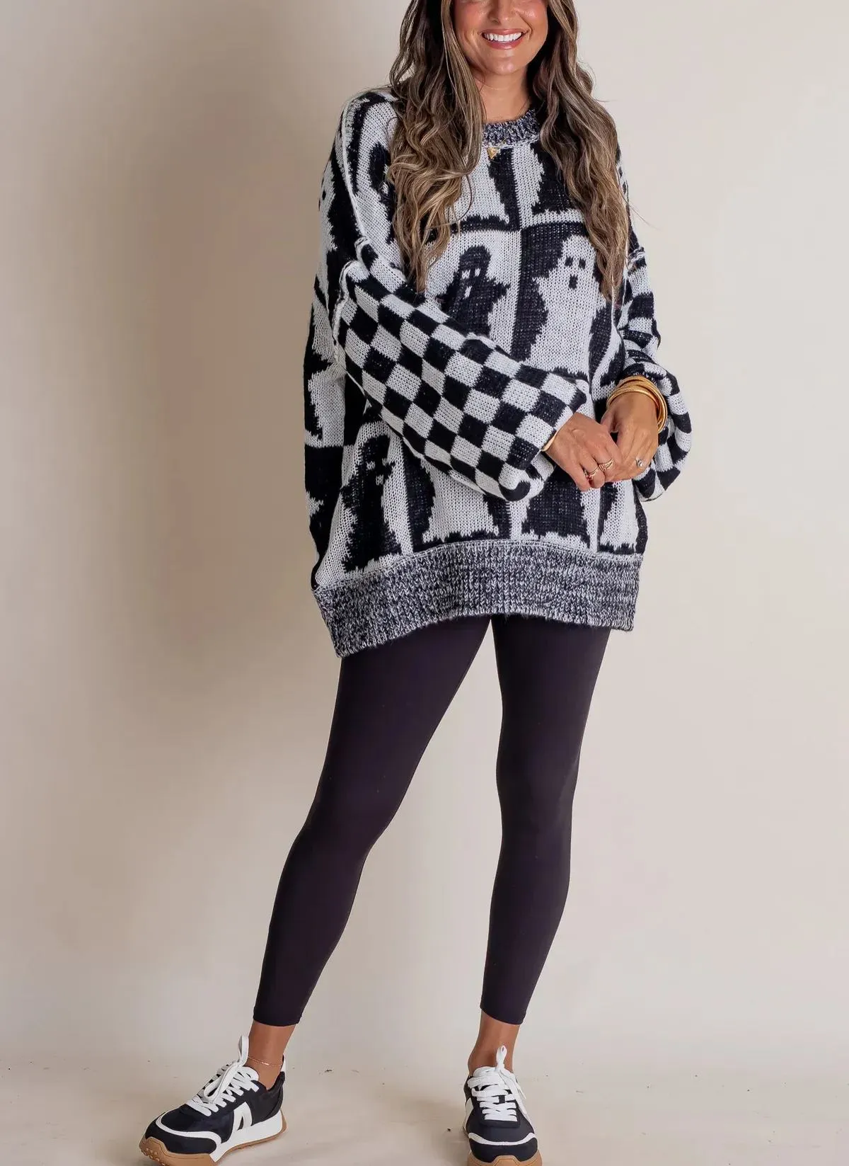 Long Sleeve Ghost Halloween Checkered Sweater