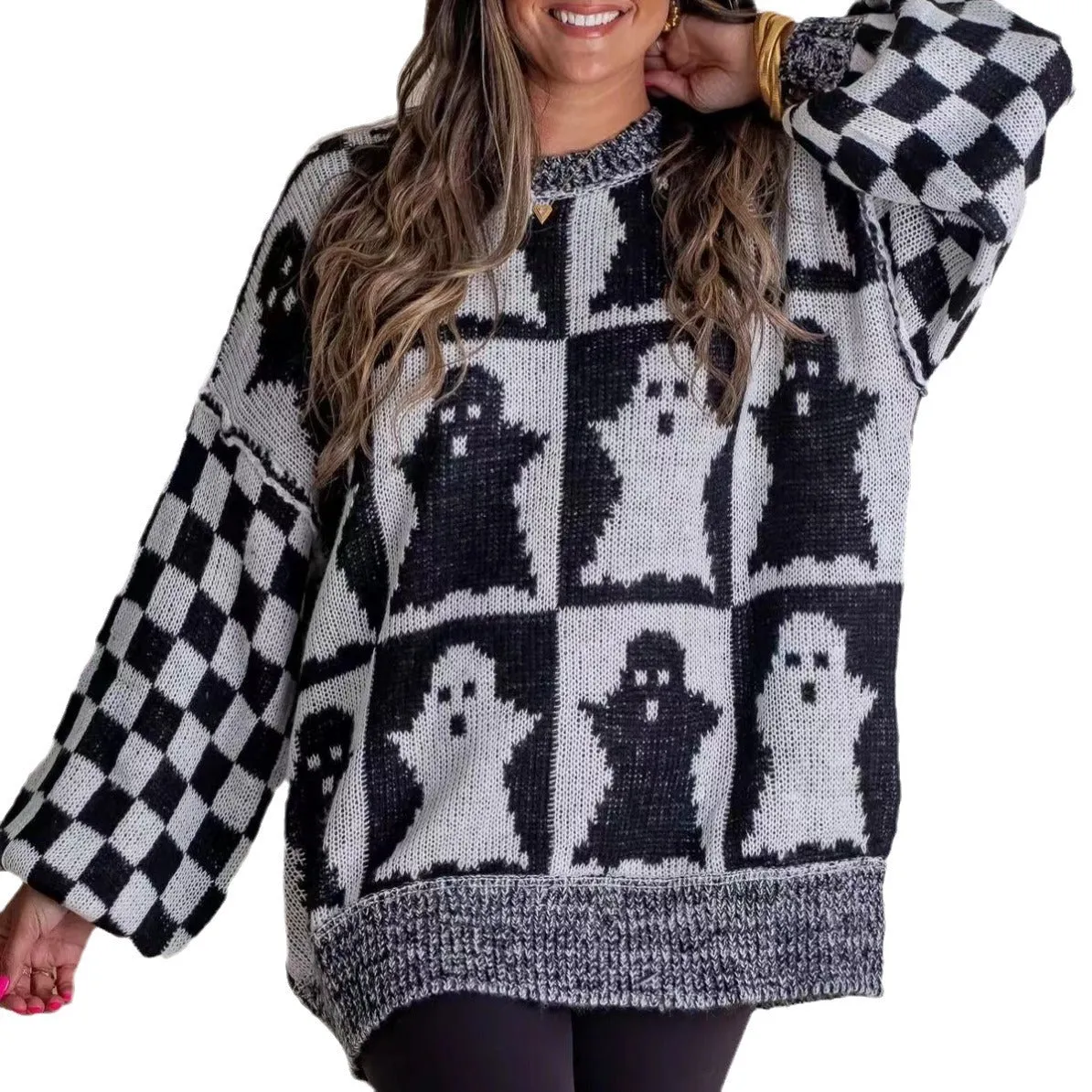 Long Sleeve Ghost Halloween Checkered Sweater