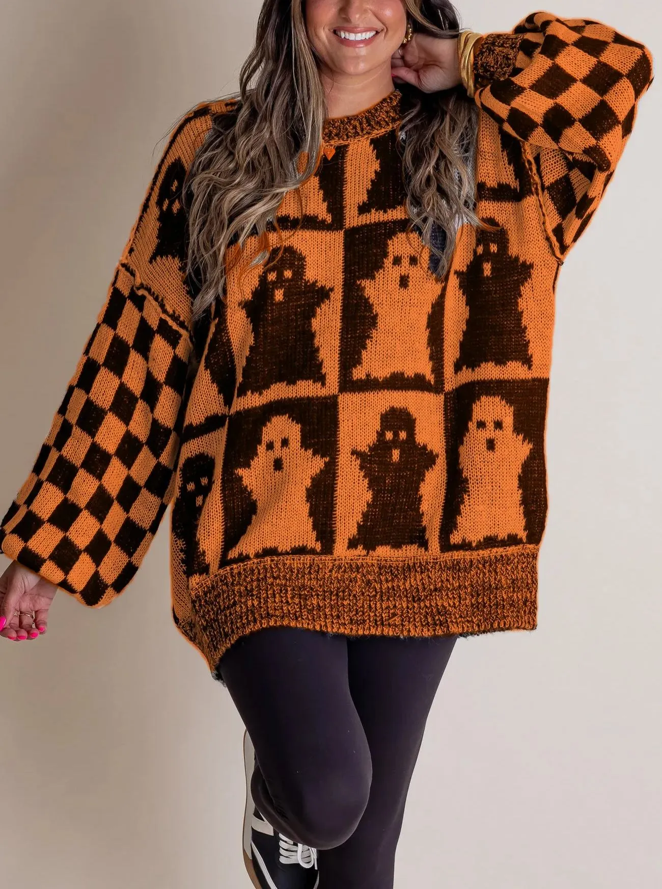 Long Sleeve Ghost Halloween Checkered Sweater