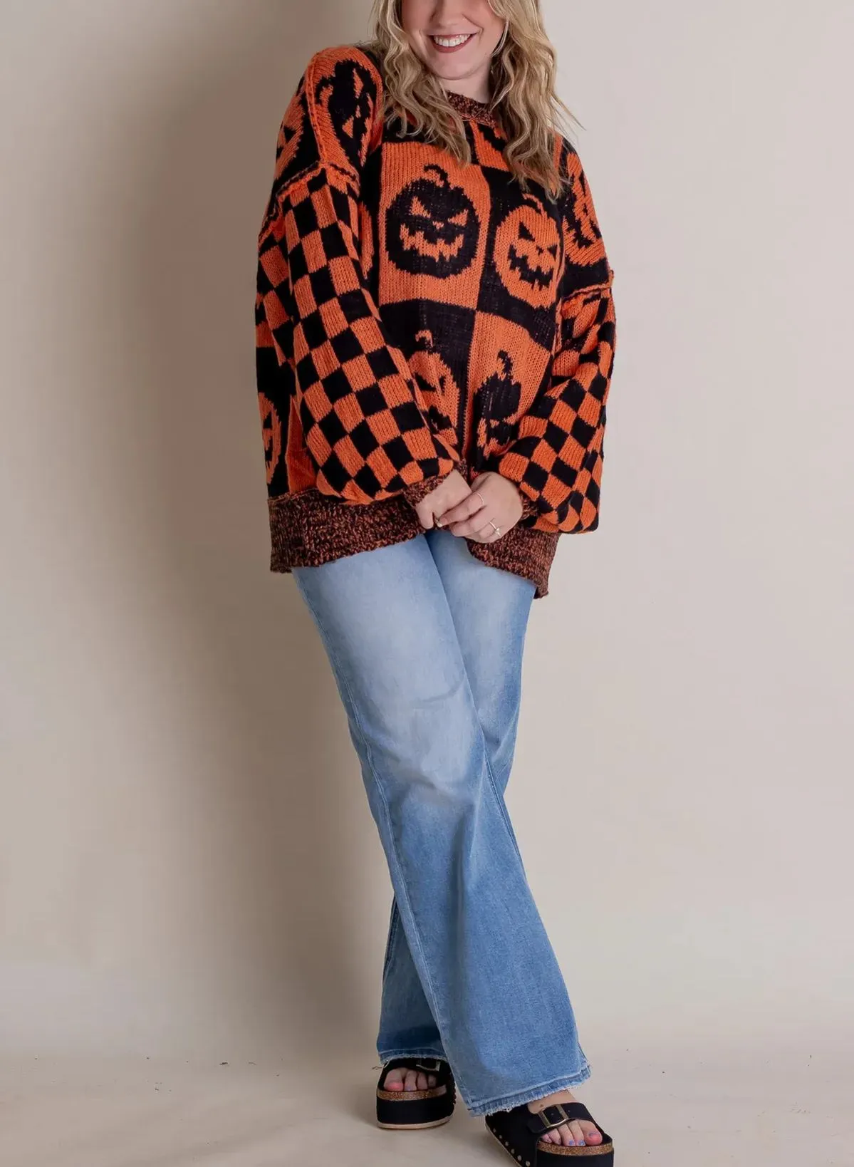 Long Sleeve Ghost Halloween Checkered Sweater