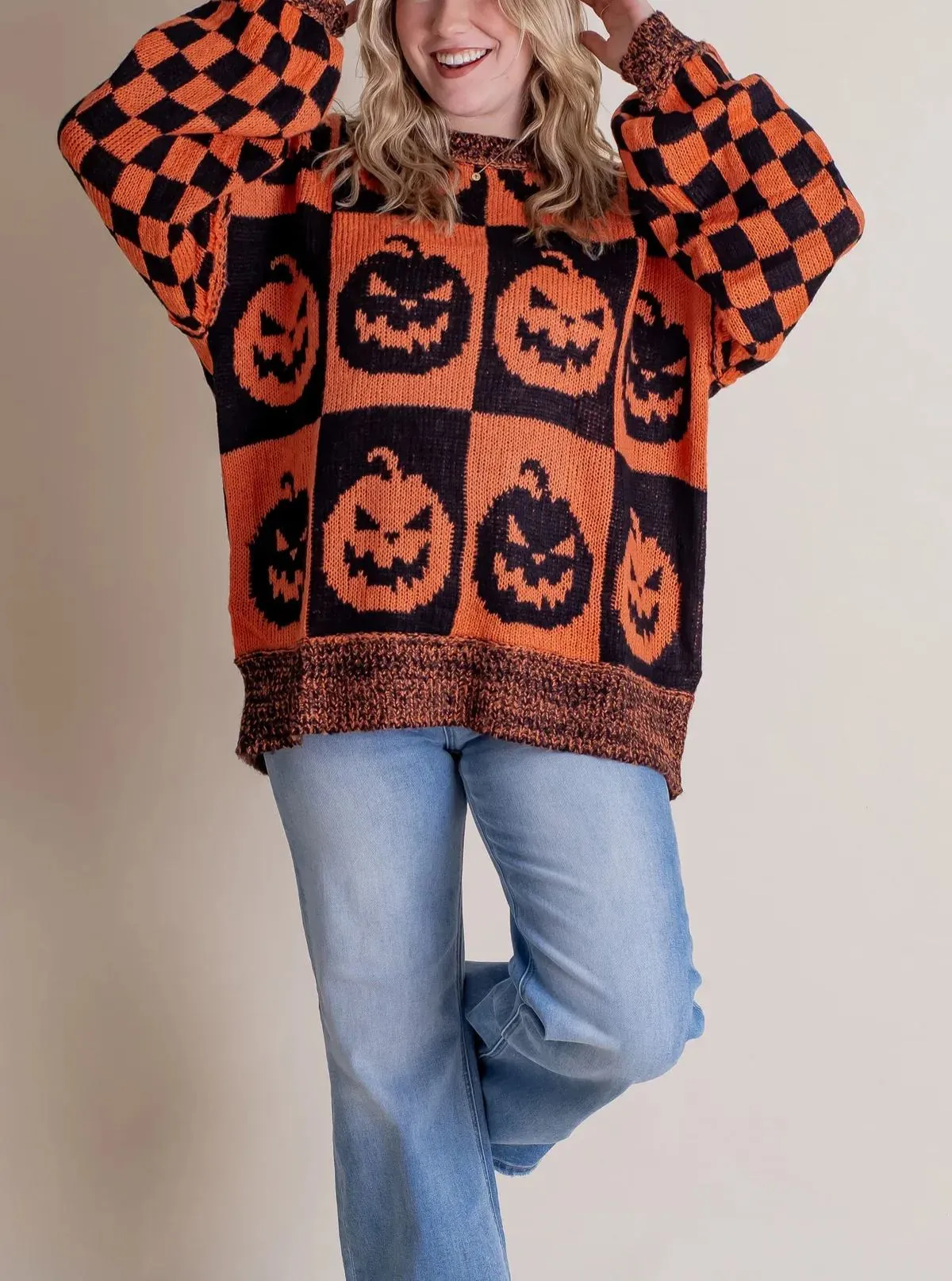 Long Sleeve Ghost Halloween Checkered Sweater