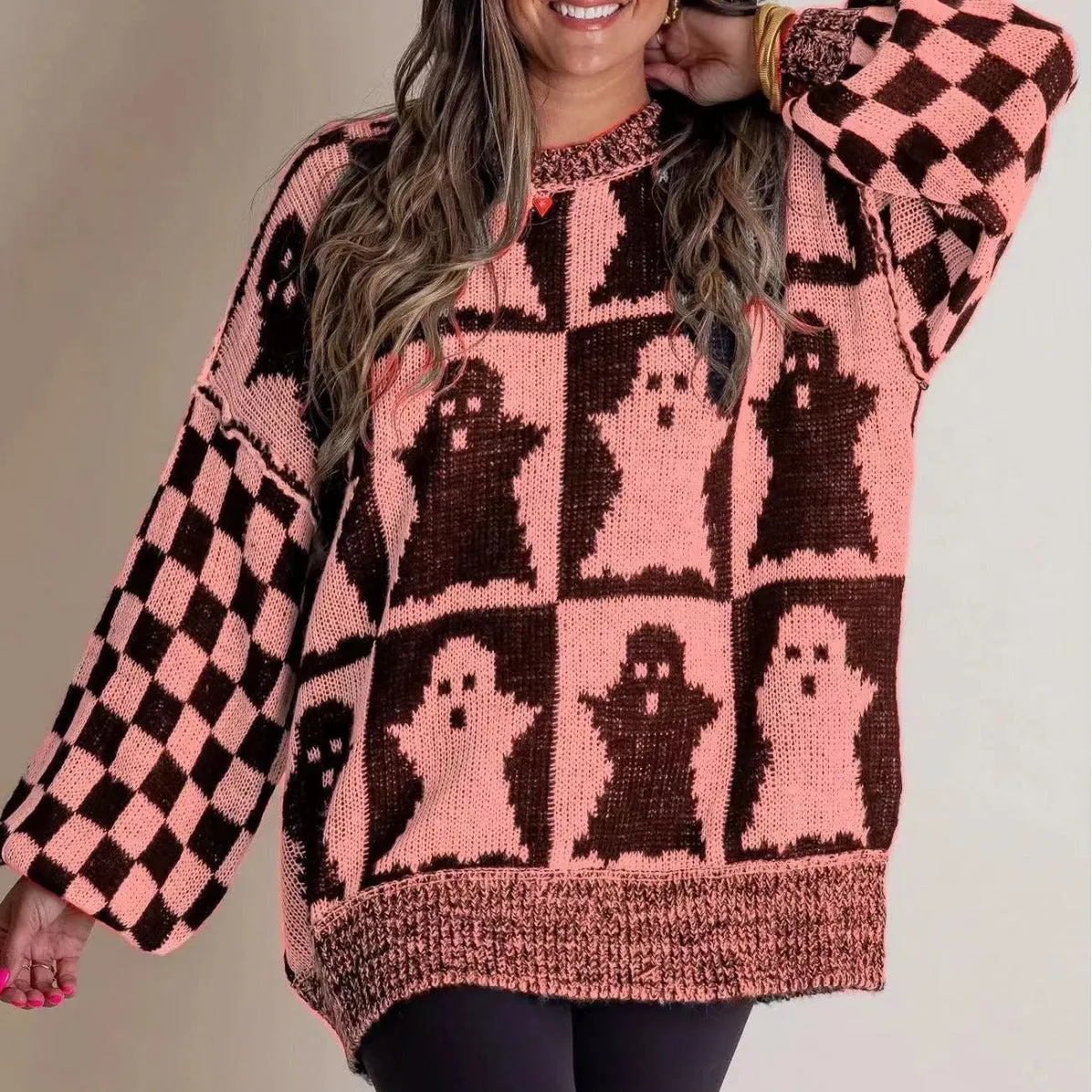 Long Sleeve Ghost Halloween Checkered Sweater