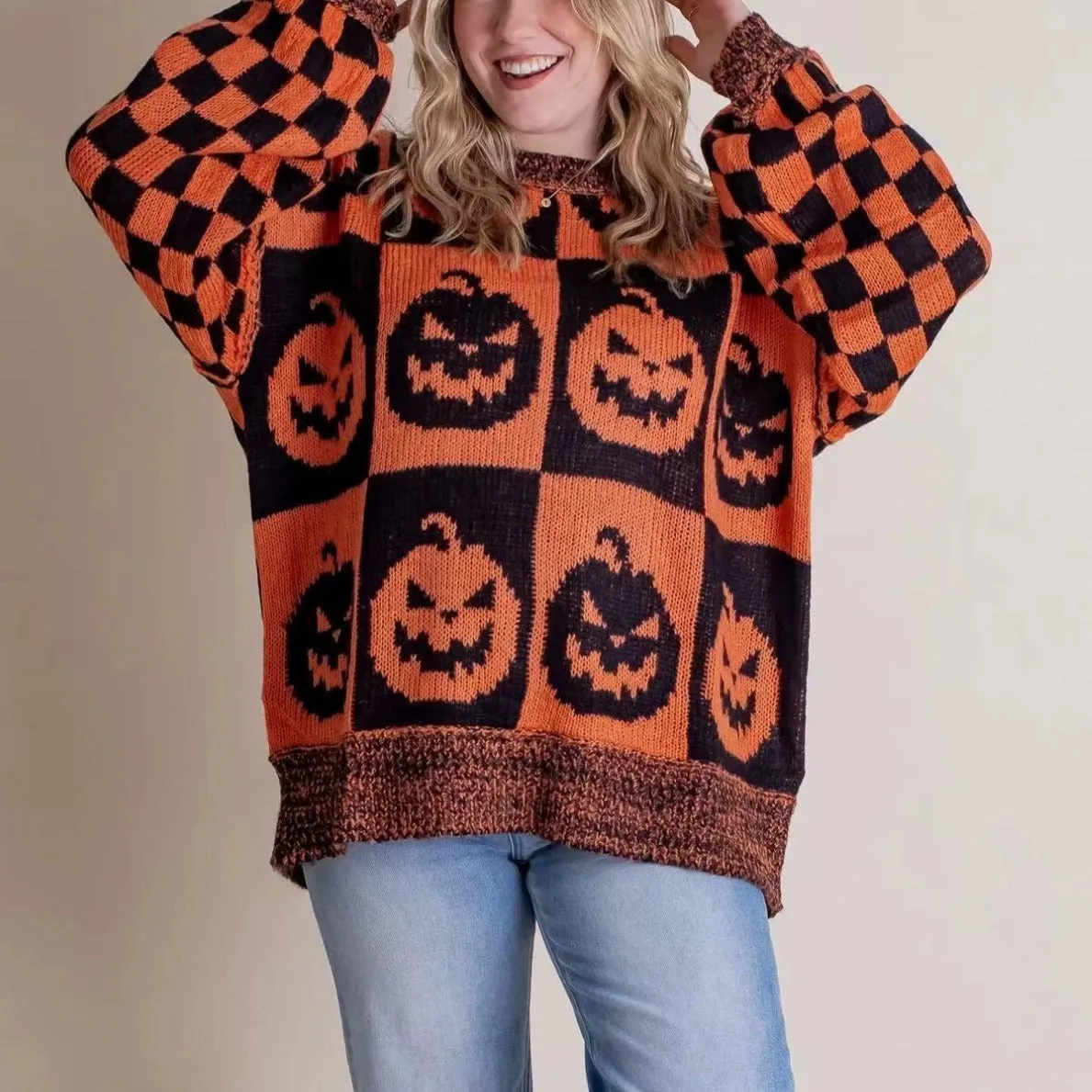 Long Sleeve Ghost Halloween Checkered Sweater