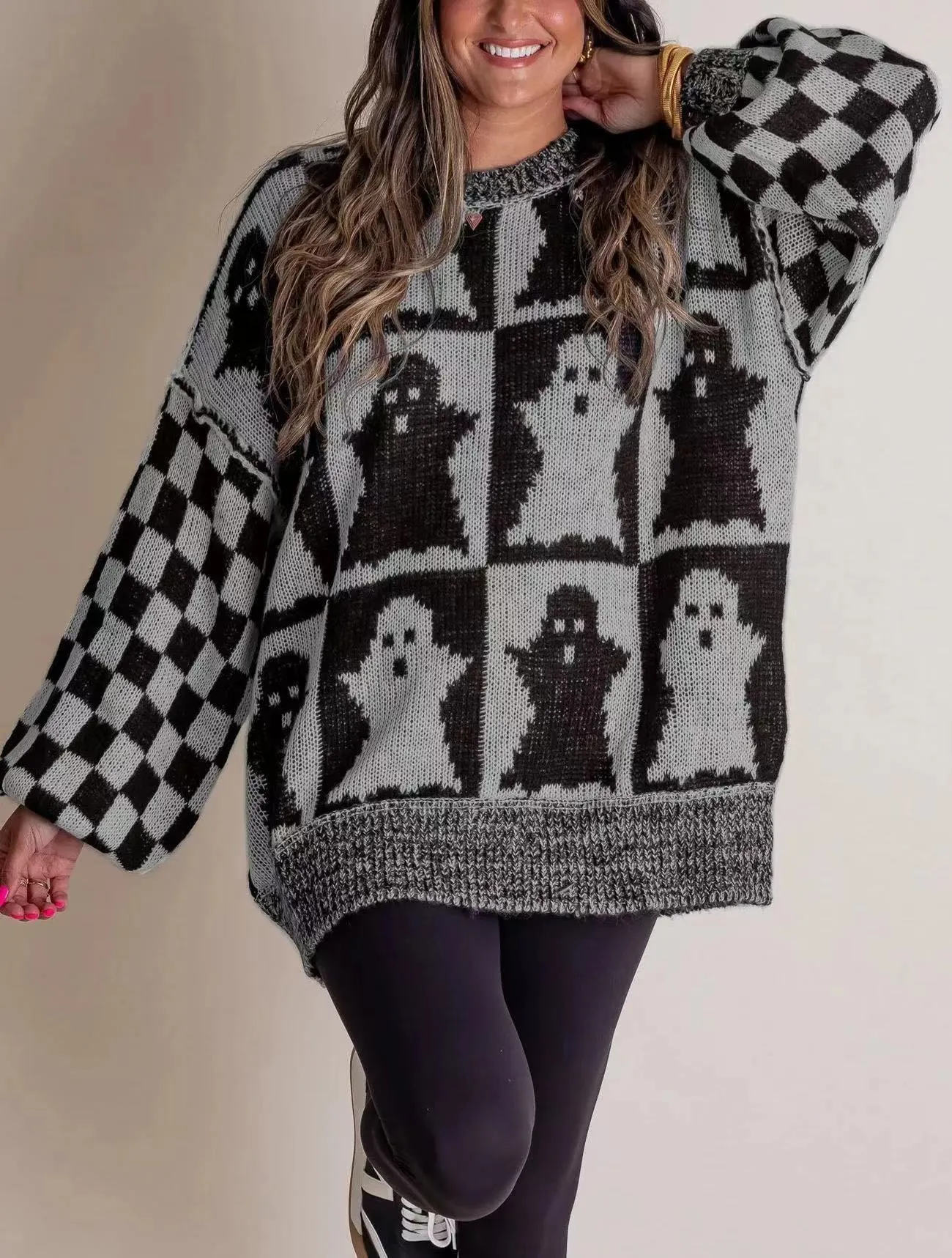 Long Sleeve Ghost Halloween Checkered Sweater
