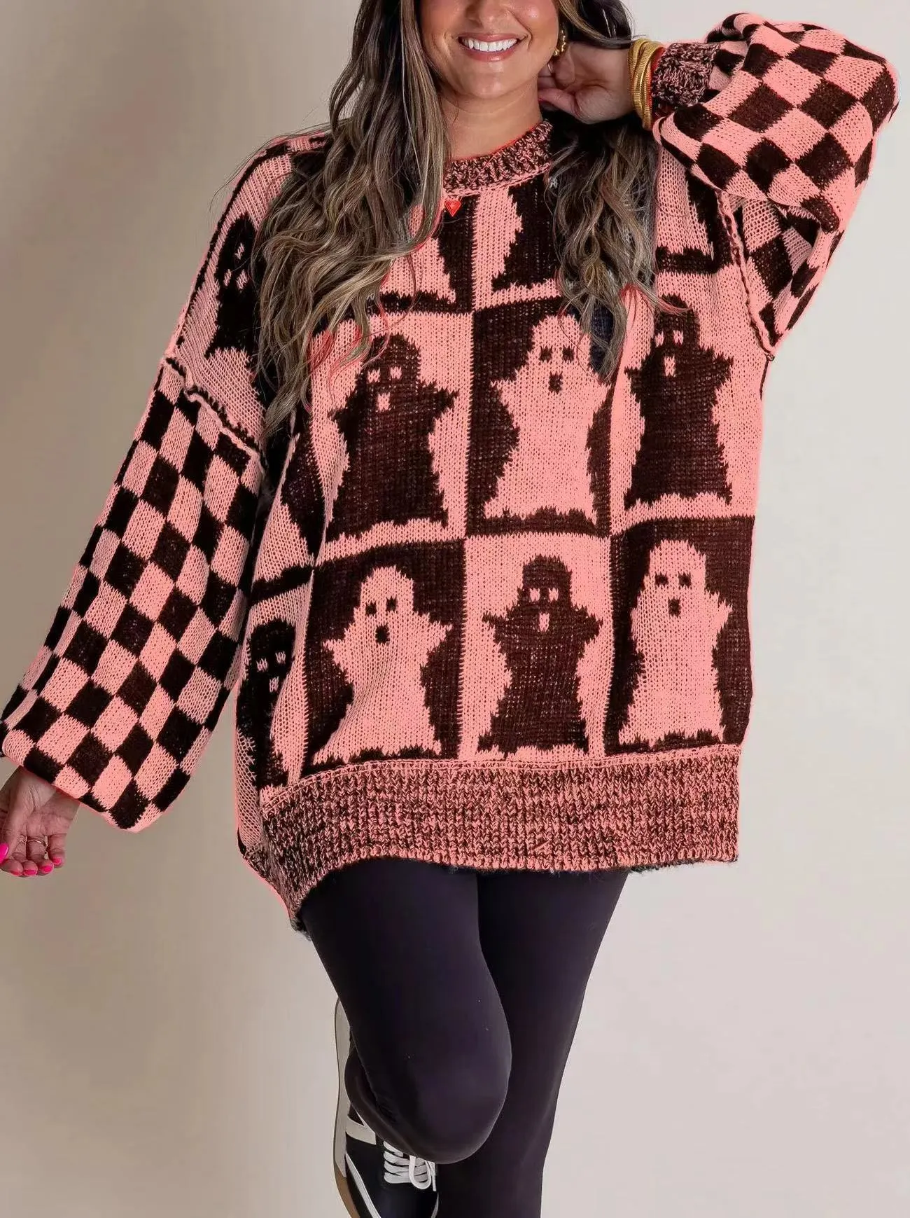 Long Sleeve Ghost Halloween Checkered Sweater