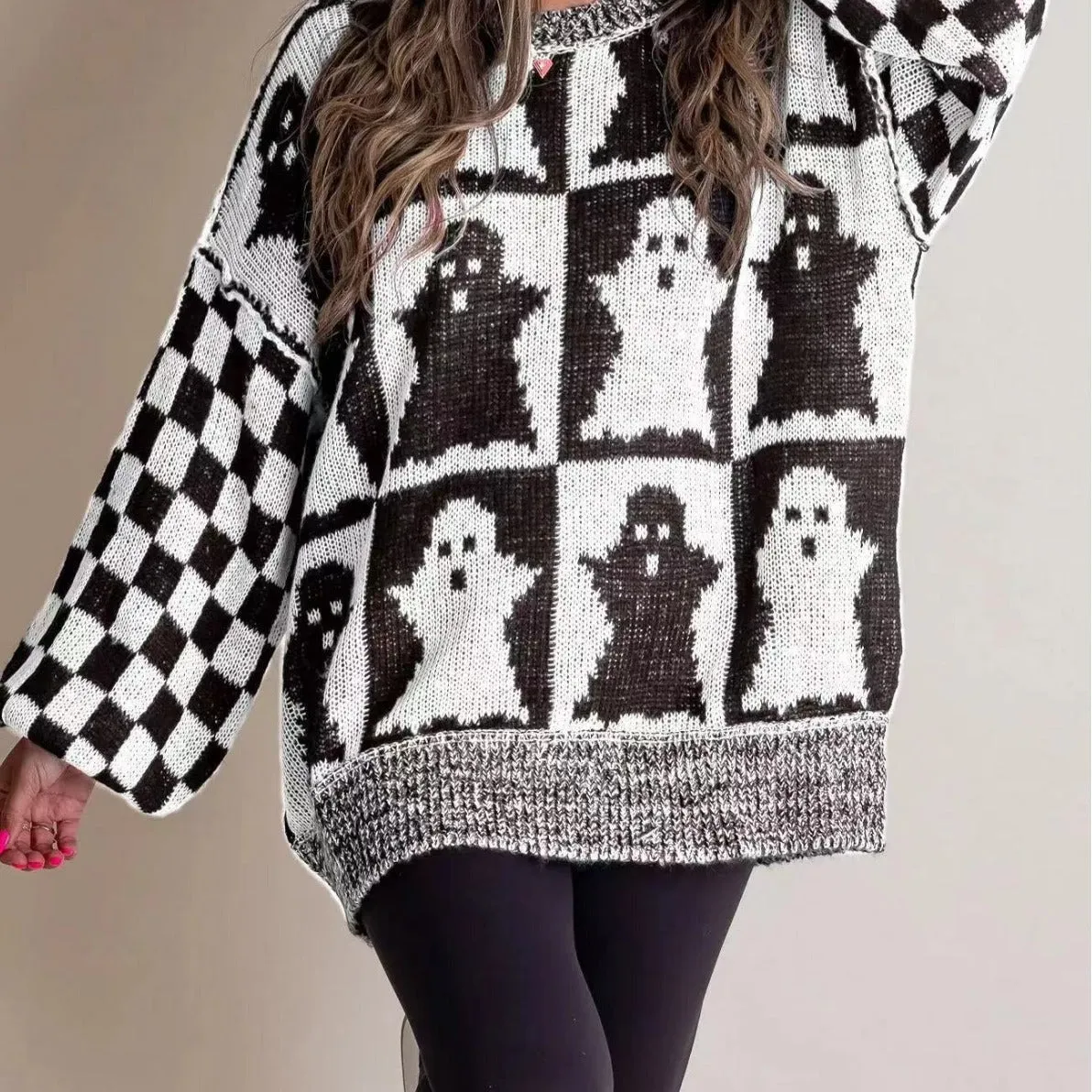 Long Sleeve Ghost Halloween Checkered Sweater