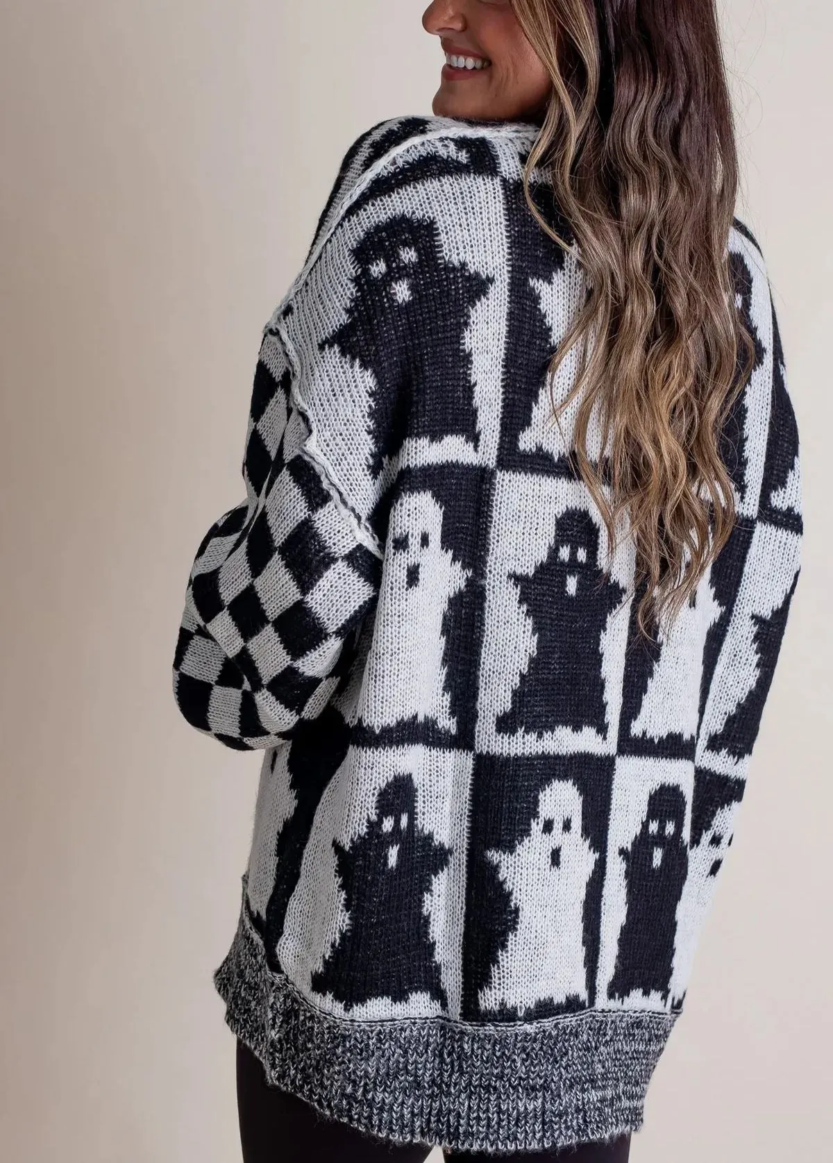 Long Sleeve Ghost Halloween Checkered Sweater