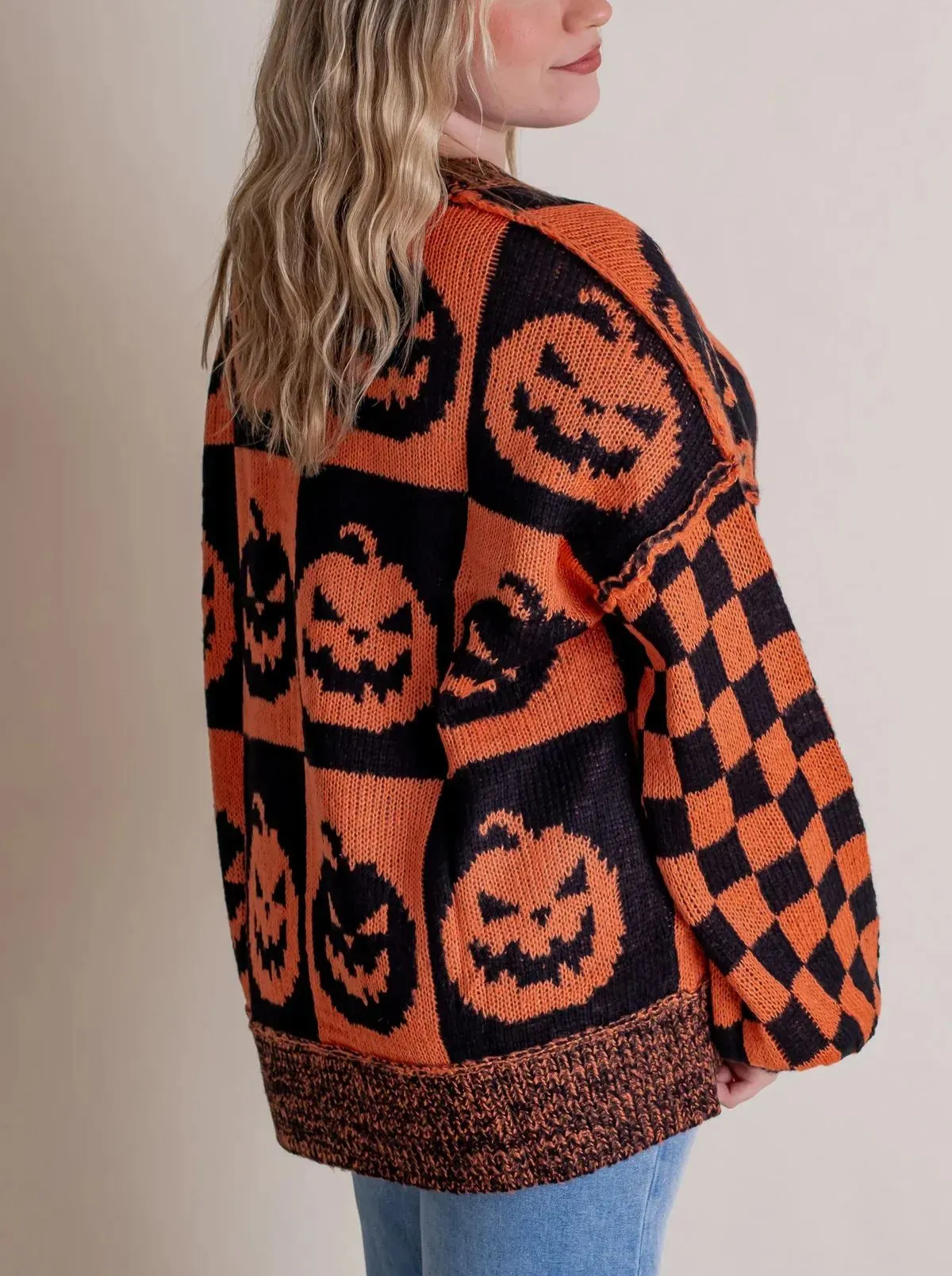 Long Sleeve Ghost Halloween Checkered Sweater