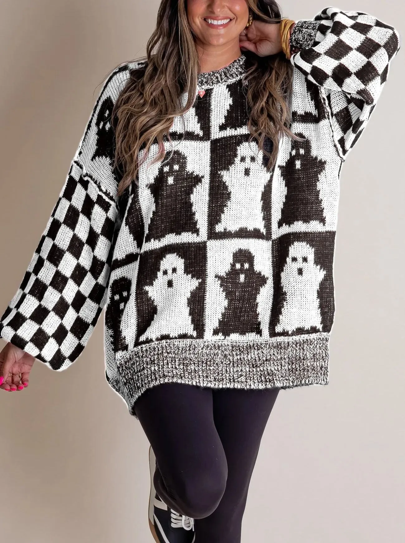 Long Sleeve Ghost Halloween Checkered Sweater