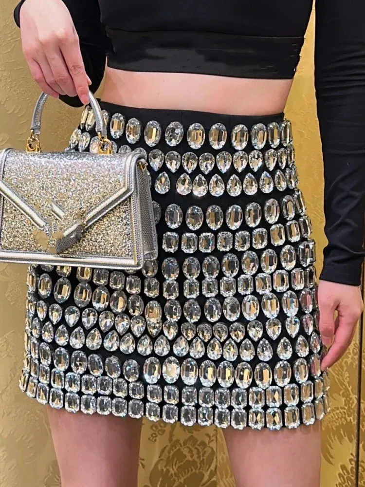 LVSANW Sexy Sparkling Crystal Bandage Skirt Women Black Big Crystal Bead Decoration Bodycon Mini Skirt Luxury Party Evening Clubwear