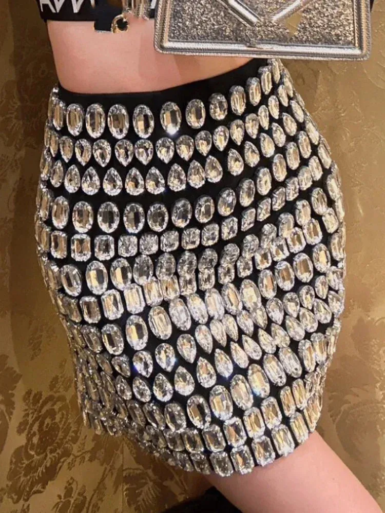 LVSANW Sexy Sparkling Crystal Bandage Skirt Women Black Big Crystal Bead Decoration Bodycon Mini Skirt Luxury Party Evening Clubwear