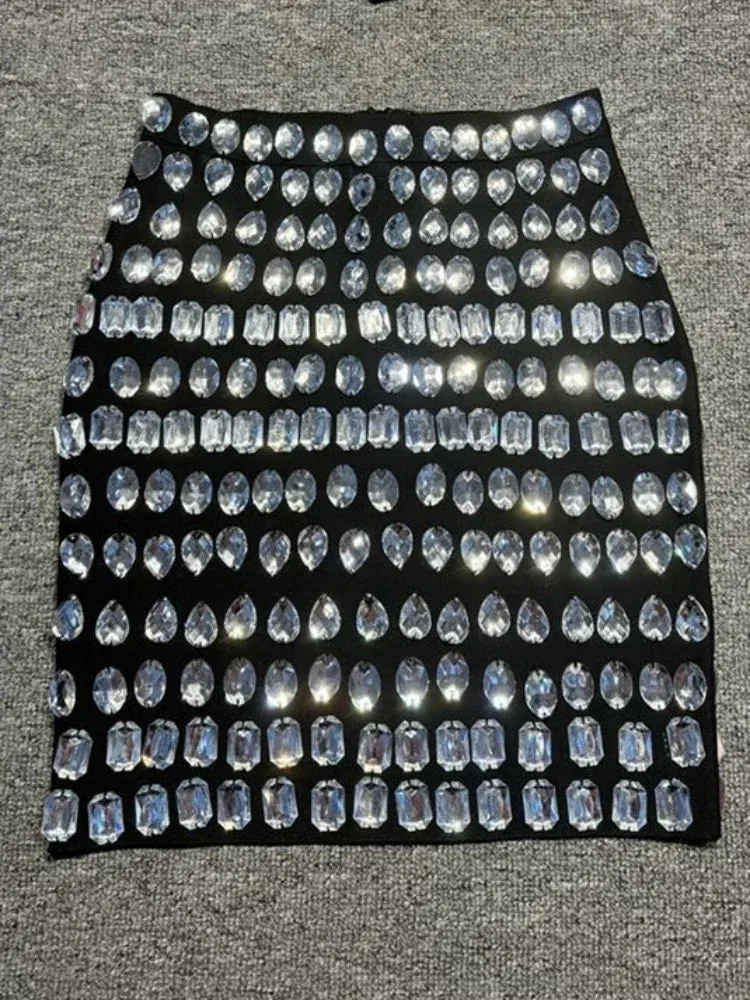 LVSANW Sexy Sparkling Crystal Bandage Skirt Women Black Big Crystal Bead Decoration Bodycon Mini Skirt Luxury Party Evening Clubwear