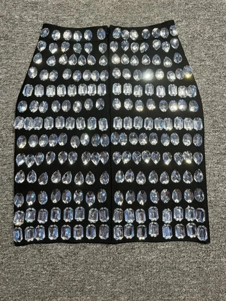 LVSANW Sexy Sparkling Crystal Bandage Skirt Women Black Big Crystal Bead Decoration Bodycon Mini Skirt Luxury Party Evening Clubwear
